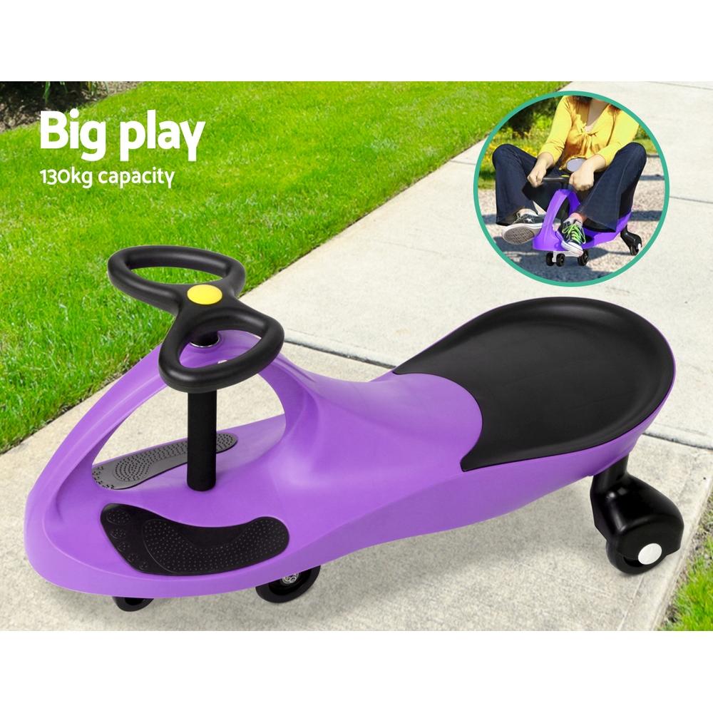 Rigo Kids Ride On Swing Car in Purple, a pedal-free toy designed for children, featuring a sturdy construction and a vibrant color.