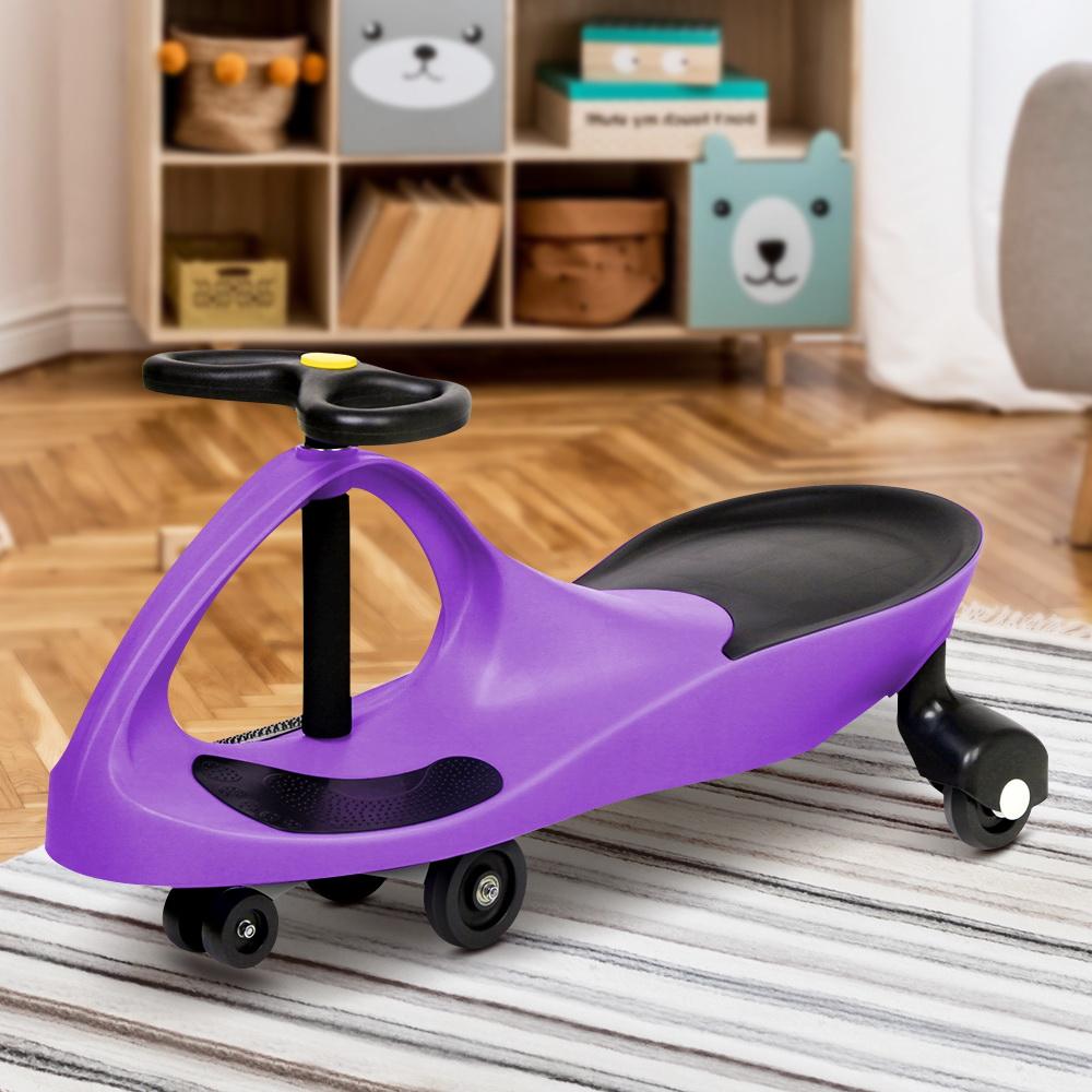 Rigo Kids Ride On Swing Car in Purple, a pedal-free toy designed for children, featuring a sturdy construction and a vibrant color.