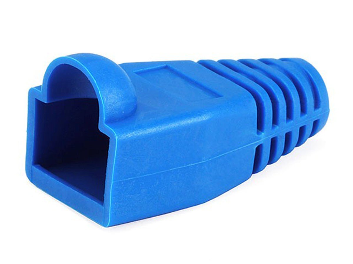 A pack of 100 blue RJ45 boots designed for network connectors, providing protection and durability.