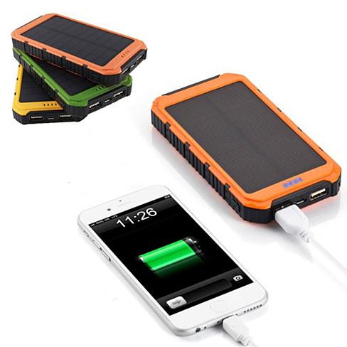 Roaming Solar Power Bank with dual USB ports, rugged design, and built-in flashlight, ideal for charging devices outdoors.