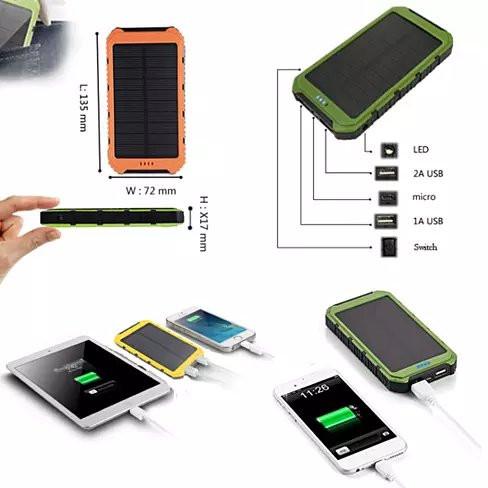 Roaming Solar Power Bank with dual USB ports, rugged design, and built-in flashlight, ideal for charging devices outdoors.