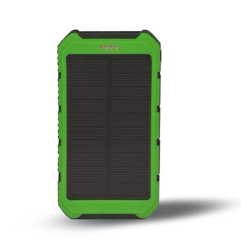 Roaming Solar Power Bank with dual USB ports, rugged design, and built-in flashlight, ideal for charging devices outdoors.