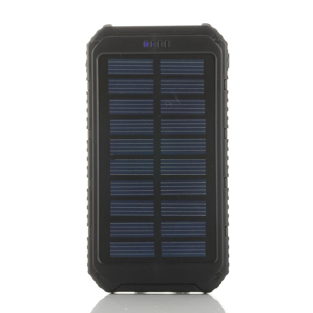 Roaming Solar Power Bank with dual USB ports, rugged design, and built-in flashlight, ideal for charging devices outdoors.