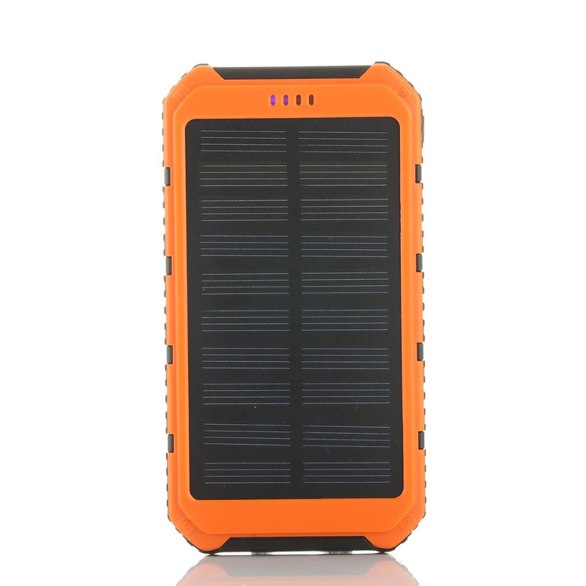 Roaming Solar Power Bank with dual USB ports, rugged design, and built-in flashlight, ideal for charging devices outdoors.