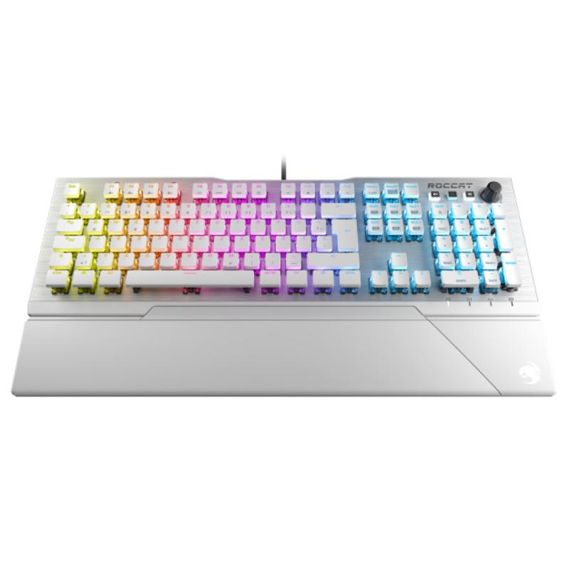 ROCCAT Keyboard Vulcan 122 AIMO WH with RGB lighting and mechanical switches, showcasing its sleek design and ergonomic features.