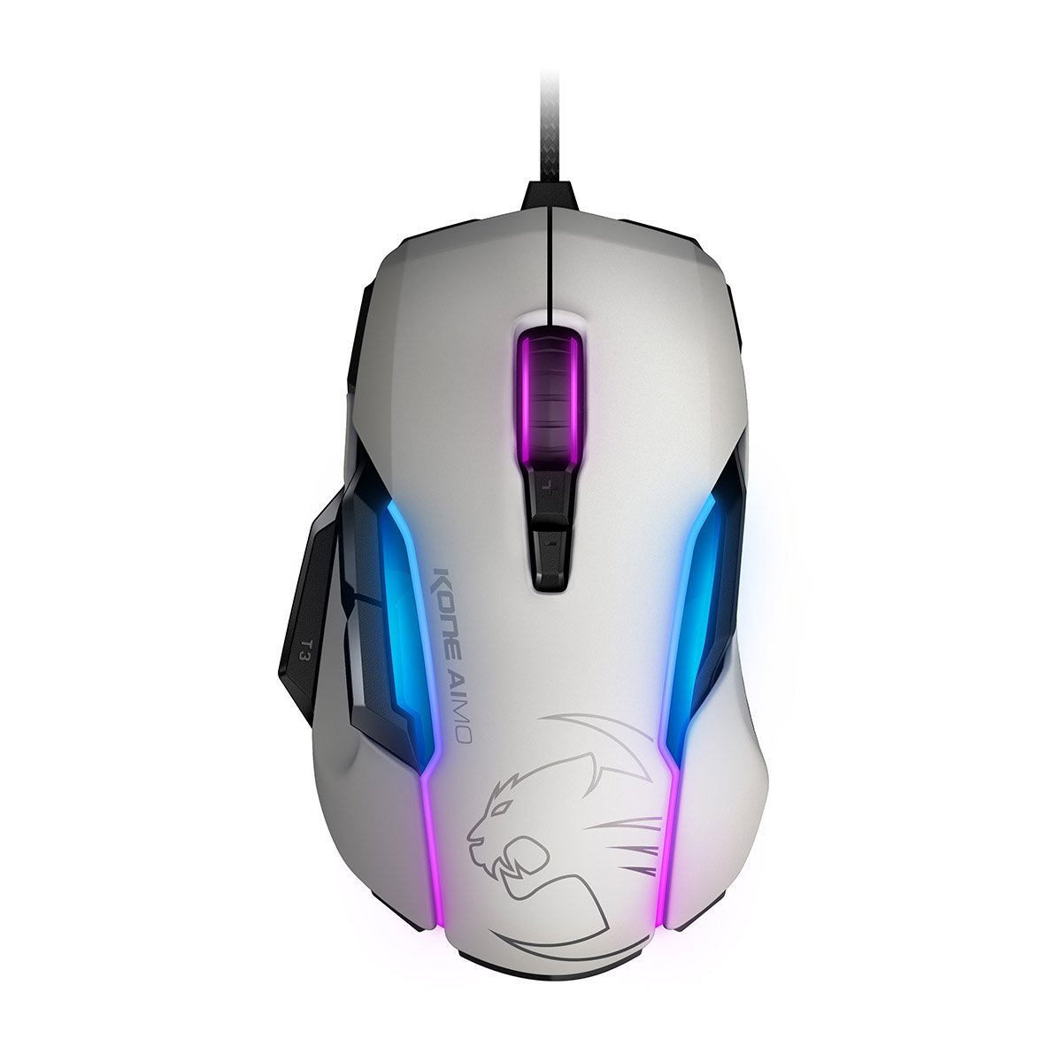 ROCCAT KONE AIMO RGBA Smart Customization Gaming Mouse in white, showcasing its sleek design and customizable RGB lighting.