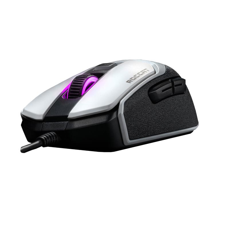 ROCCAT Mouse Kain 102 AIMO WH featuring ergonomic design and customizable RGB lighting.