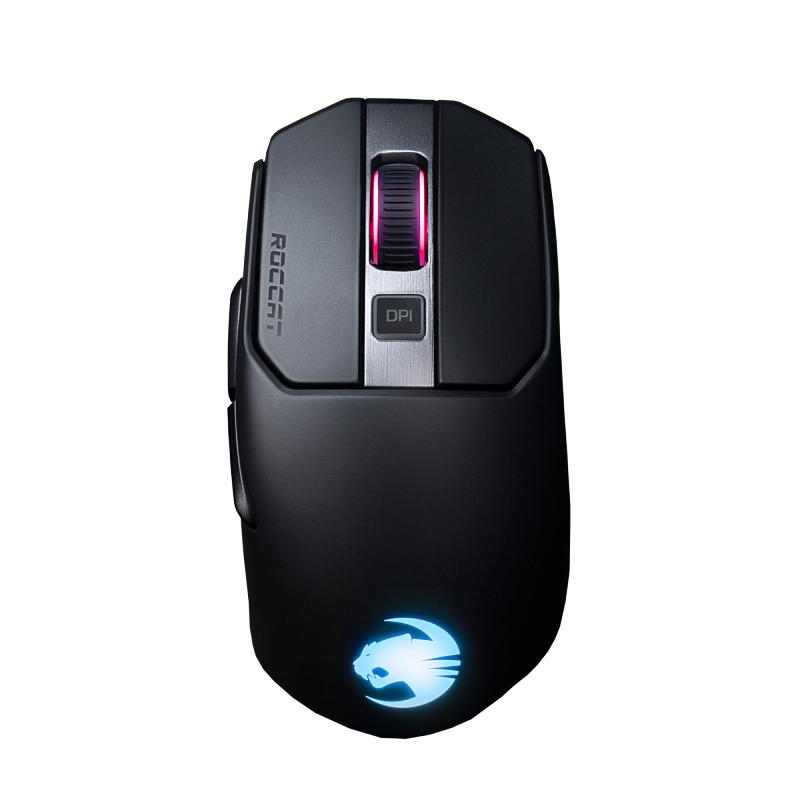 ROCCAT Mouse Kain 200 AIMO Black showcasing ergonomic design and RGB lighting.