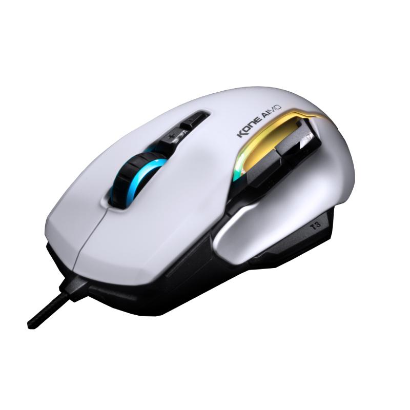 ROCCAT Mouse Kone AIMO Rem WT with customizable RGB lighting and ergonomic design.