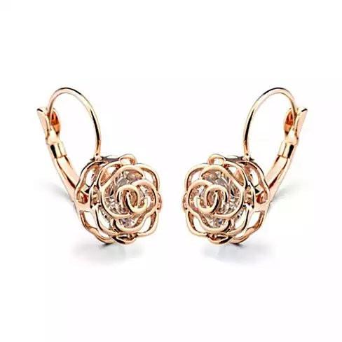 Elegant ROSE IS A ROSE 18kt Rose Crystal Earrings featuring diamond crystals in rose, white, and yellow gold finishes.