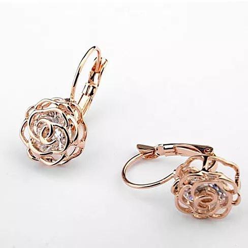 Elegant ROSE IS A ROSE 18kt Rose Crystal Earrings featuring diamond crystals in rose, white, and yellow gold finishes.