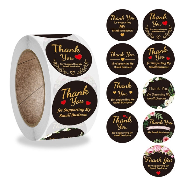 Round floral thank you stickers on a roll, ideal for gift wrapping and envelope sealing.