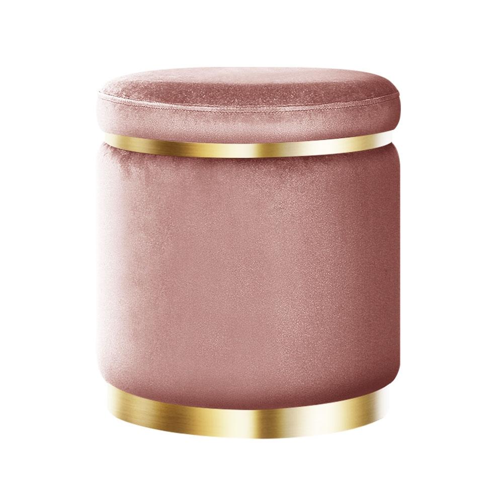 Round Velvet Foot Stool Ottoman in pink with tufted design and gold stainless-steel rings, perfect for footrest or extra seating.