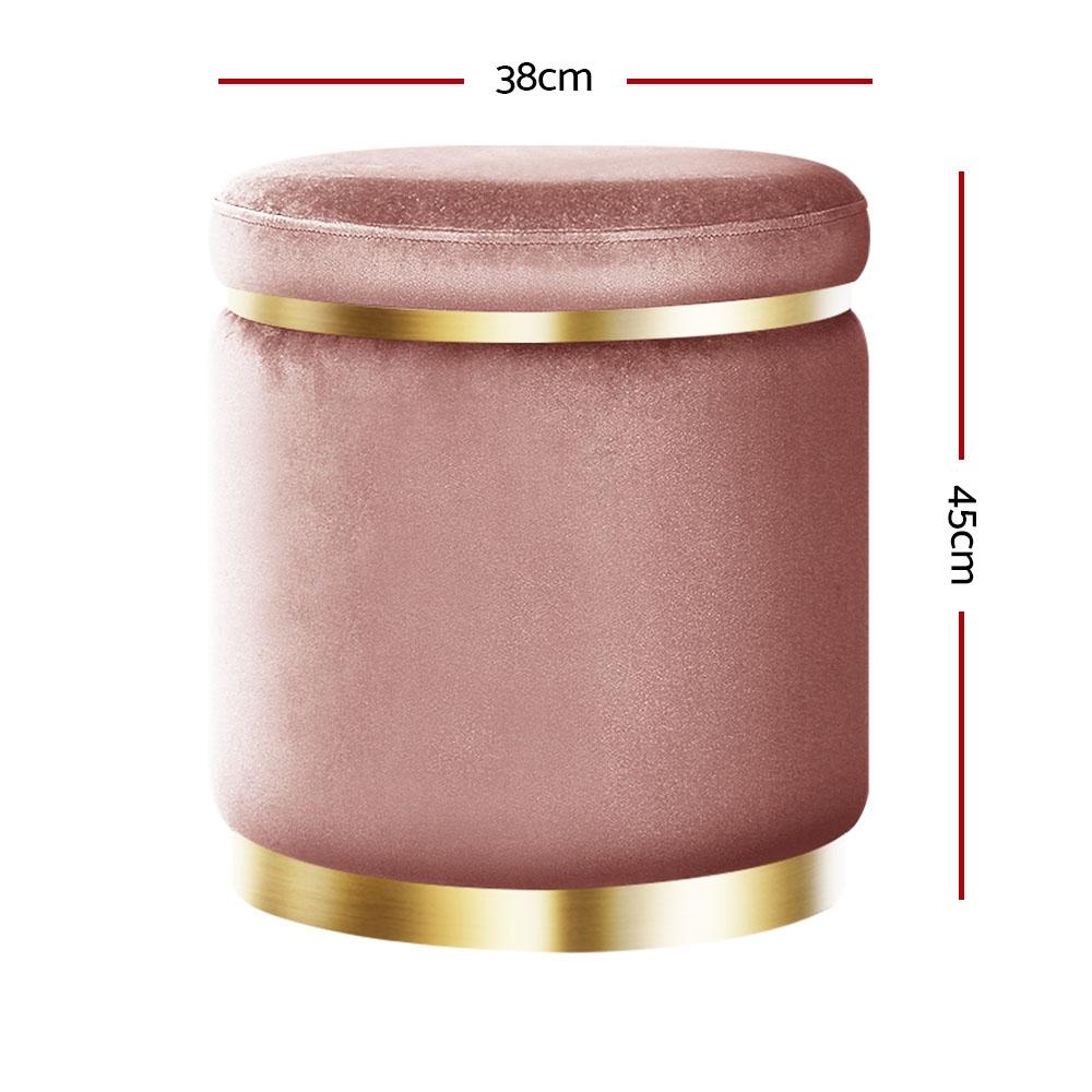 Round Velvet Foot Stool Ottoman in pink with tufted design and gold stainless-steel rings, perfect for footrest or extra seating.