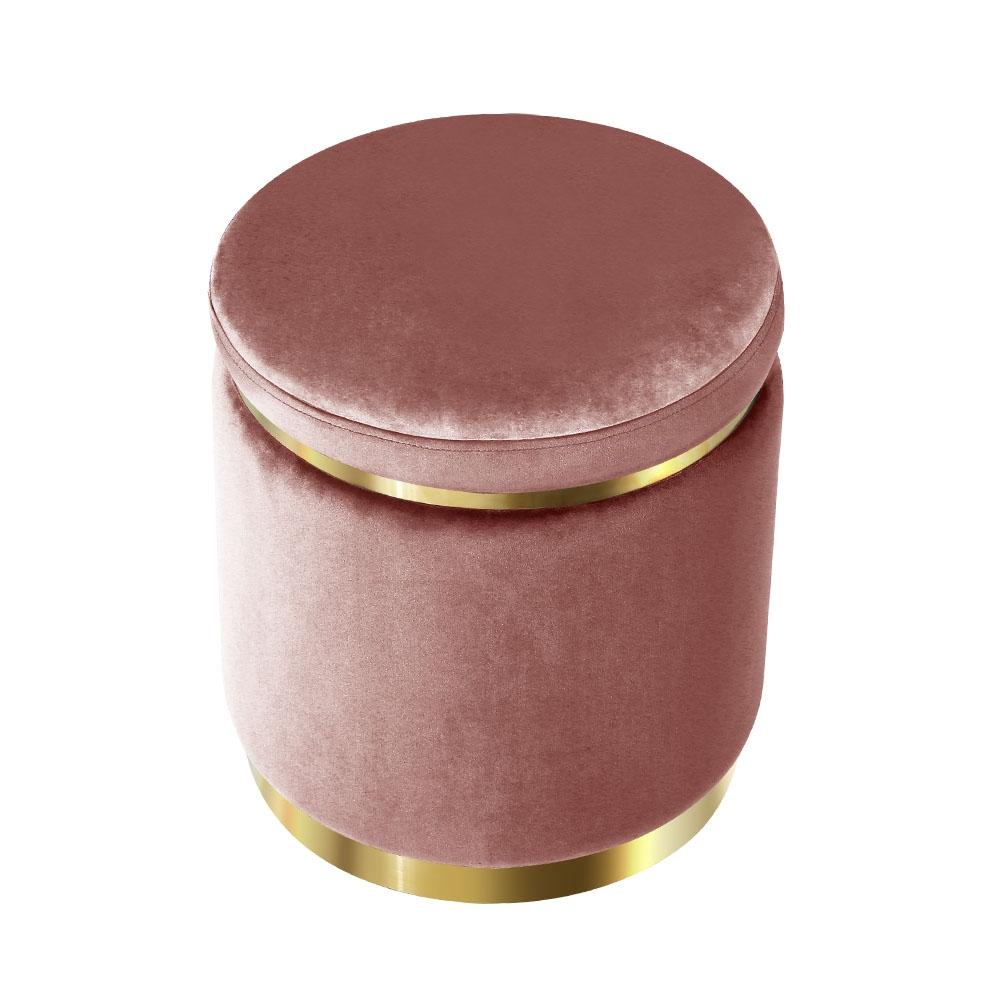 Round Velvet Foot Stool Ottoman in pink with tufted design and gold stainless-steel rings, perfect for footrest or extra seating.