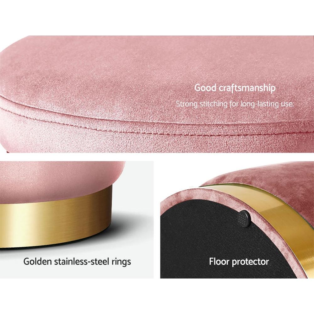 Round Velvet Foot Stool Ottoman in pink with tufted design and gold stainless-steel rings, perfect for footrest or extra seating.