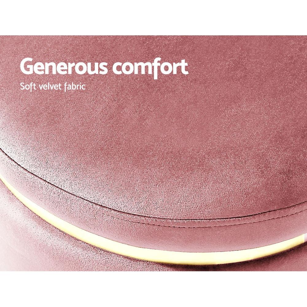 Round Velvet Foot Stool Ottoman in pink with tufted design and gold stainless-steel rings, perfect for footrest or extra seating.