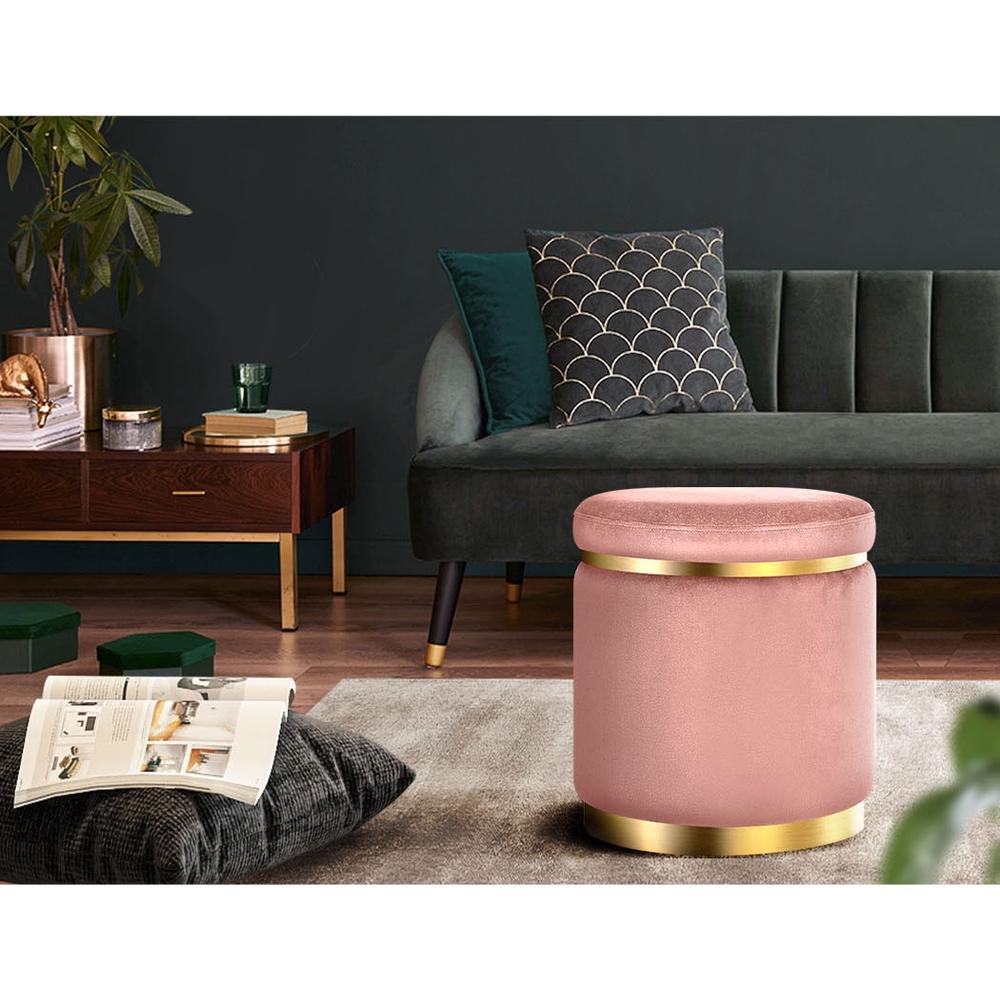 Round Velvet Foot Stool Ottoman in pink with tufted design and gold stainless-steel rings, perfect for footrest or extra seating.