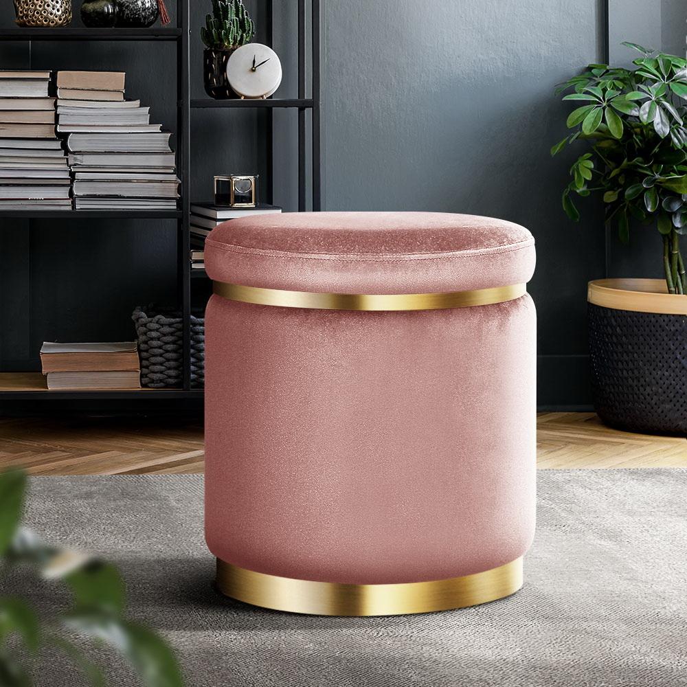 Round Velvet Foot Stool Ottoman in pink with tufted design and gold stainless-steel rings, perfect for footrest or extra seating.