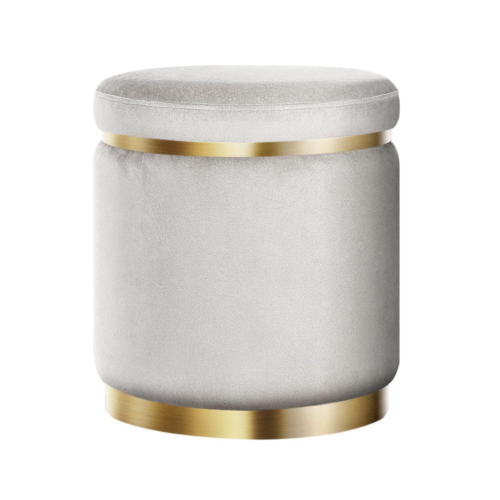 Round Velvet Ottoman Foot Stool in grey with tufted seat and gold stainless-steel rings, perfect for footrest or extra seating.