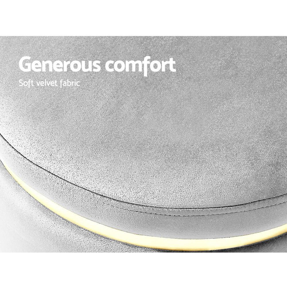 Round Velvet Ottoman Foot Stool in grey with tufted seat and gold stainless-steel rings, perfect for footrest or extra seating.