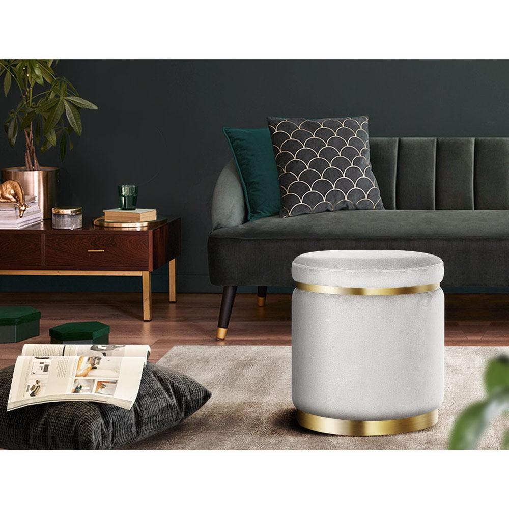 Round Velvet Ottoman Foot Stool in grey with tufted seat and gold stainless-steel rings, perfect for footrest or extra seating.