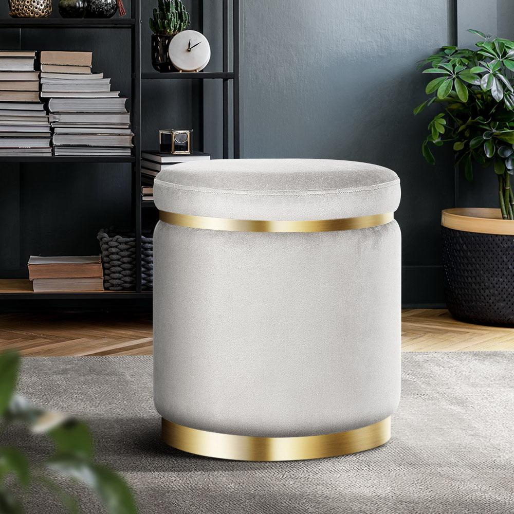 Round Velvet Ottoman Foot Stool in grey with tufted seat and gold stainless-steel rings, perfect for footrest or extra seating.