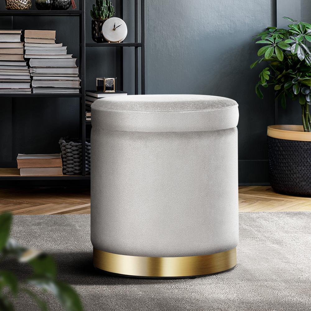 Round velvet storage ottoman foot stool with tufted seat and gold stainless-steel rings, perfect for footrest or extra seating.