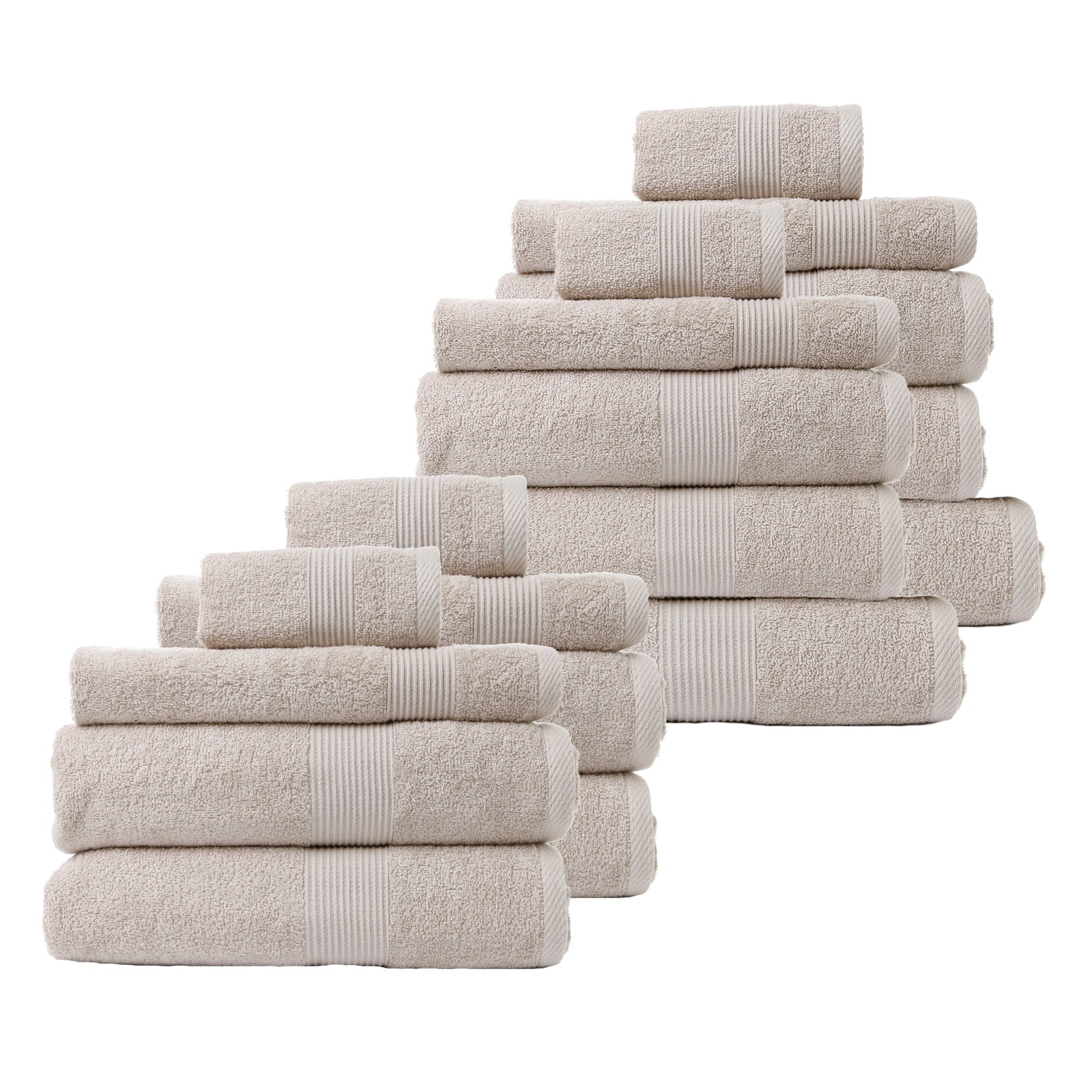 Royal Comfort 18 Piece Cotton Bamboo Towel Bundle Set featuring plush towels in various sizes, showcasing their luxurious texture and woven border design.