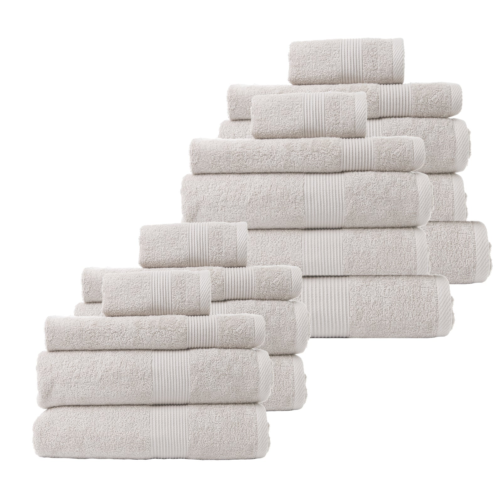 Royal Comfort 18 Piece Cotton Bamboo Towel Bundle Set showcasing various towel sizes and bath mats in a luxurious cotton-bamboo blend.