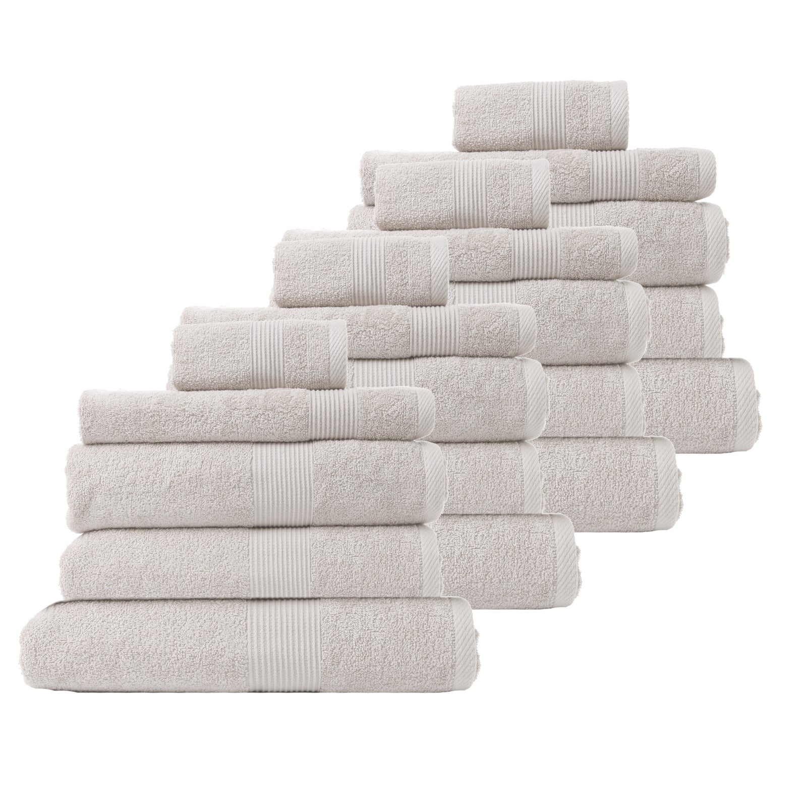 Royal Comfort 20 Piece Cotton Bamboo Towel Bundle Set featuring plush towels in various sizes, showcasing their luxurious texture and woven border design.