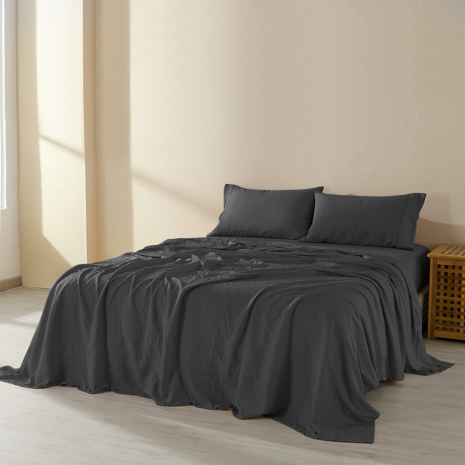 Royal Comfort Flax Linen Blend Sheet Set featuring a neutral design, showcasing a flat sheet, fitted sheet, and pillowcases in a cozy bedroom setting.