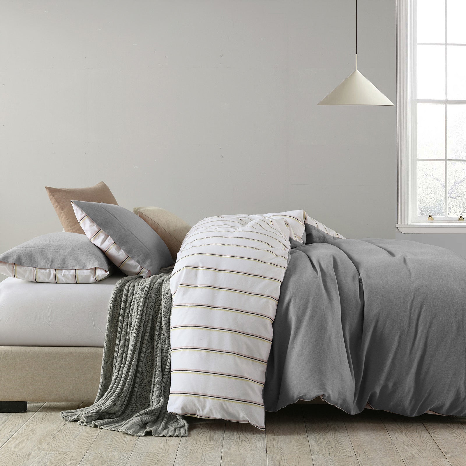 Royal Comfort Hemp Braid Cotton Blend Quilt Cover Set featuring a solid color front and striped reverse, perfect for stylish bedroom decor.