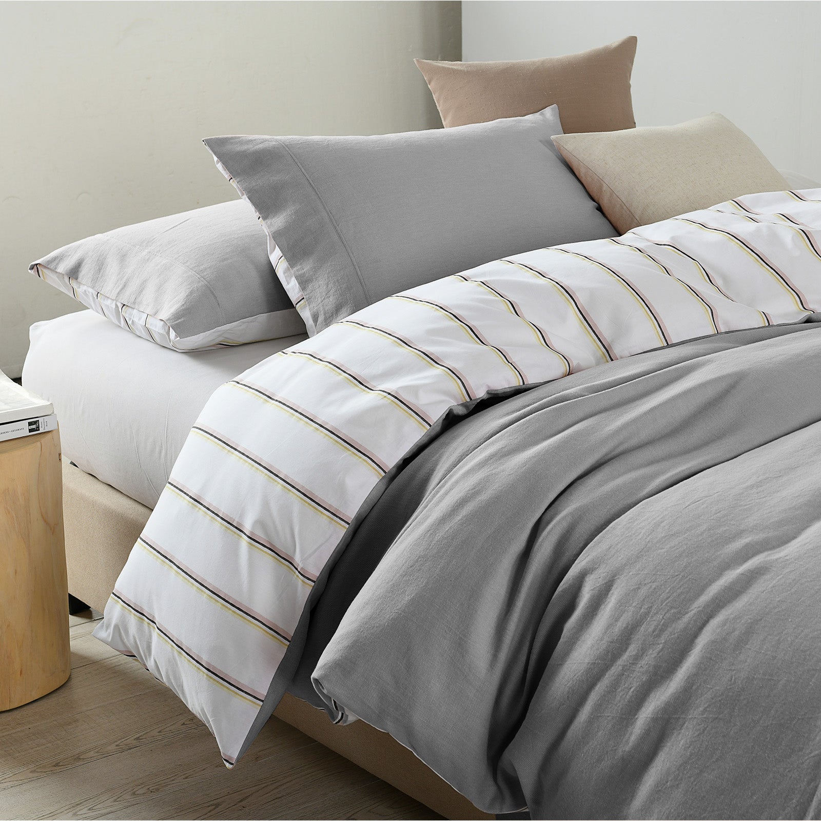 Royal Comfort Hemp Braid Cotton Blend Quilt Cover Set featuring a solid color front and striped reverse, perfect for stylish bedroom decor.