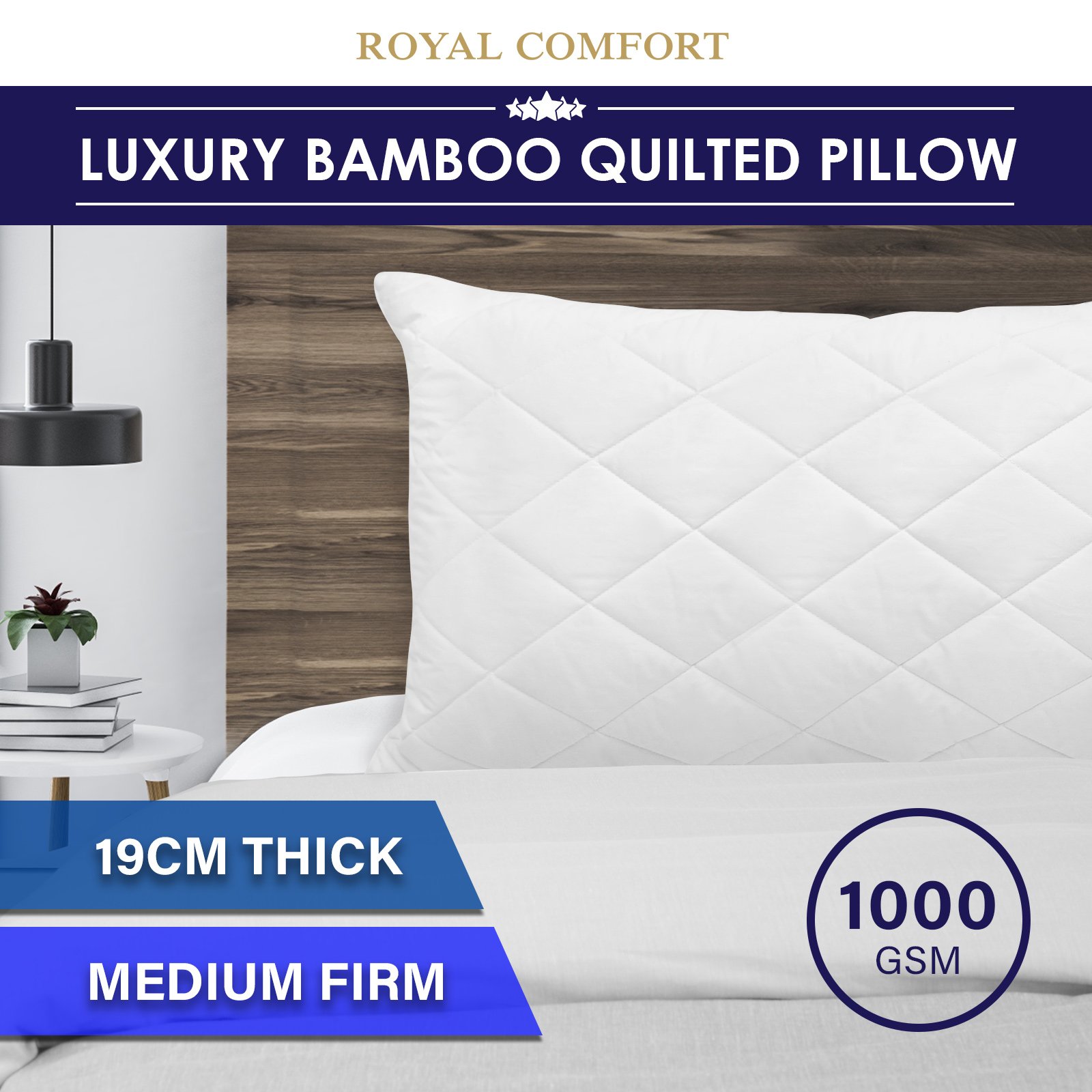 Royal Comfort Luxury Bamboo Blend Quilted Pillow with diamond quilting design, showcasing its soft cotton cover and plush filling.