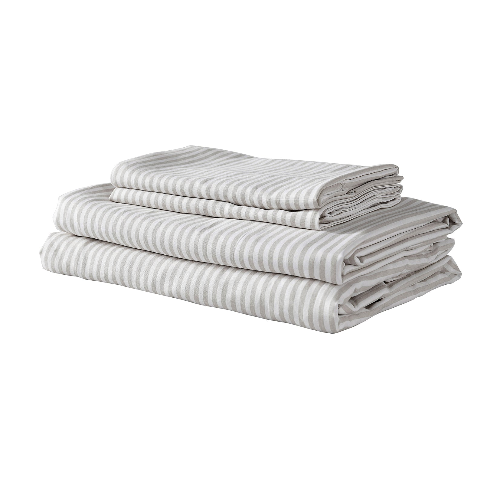 Royal Comfort Stripes Linen Blend Sheet Set featuring neutral stripes, showcasing a luxurious and breathable bedding solution.