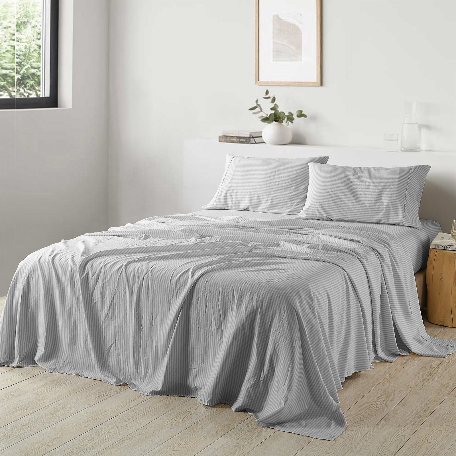 Royal Comfort Stripes Linen Blend Sheet Set featuring neutral stripes, showcasing a luxurious and breathable bedding solution.