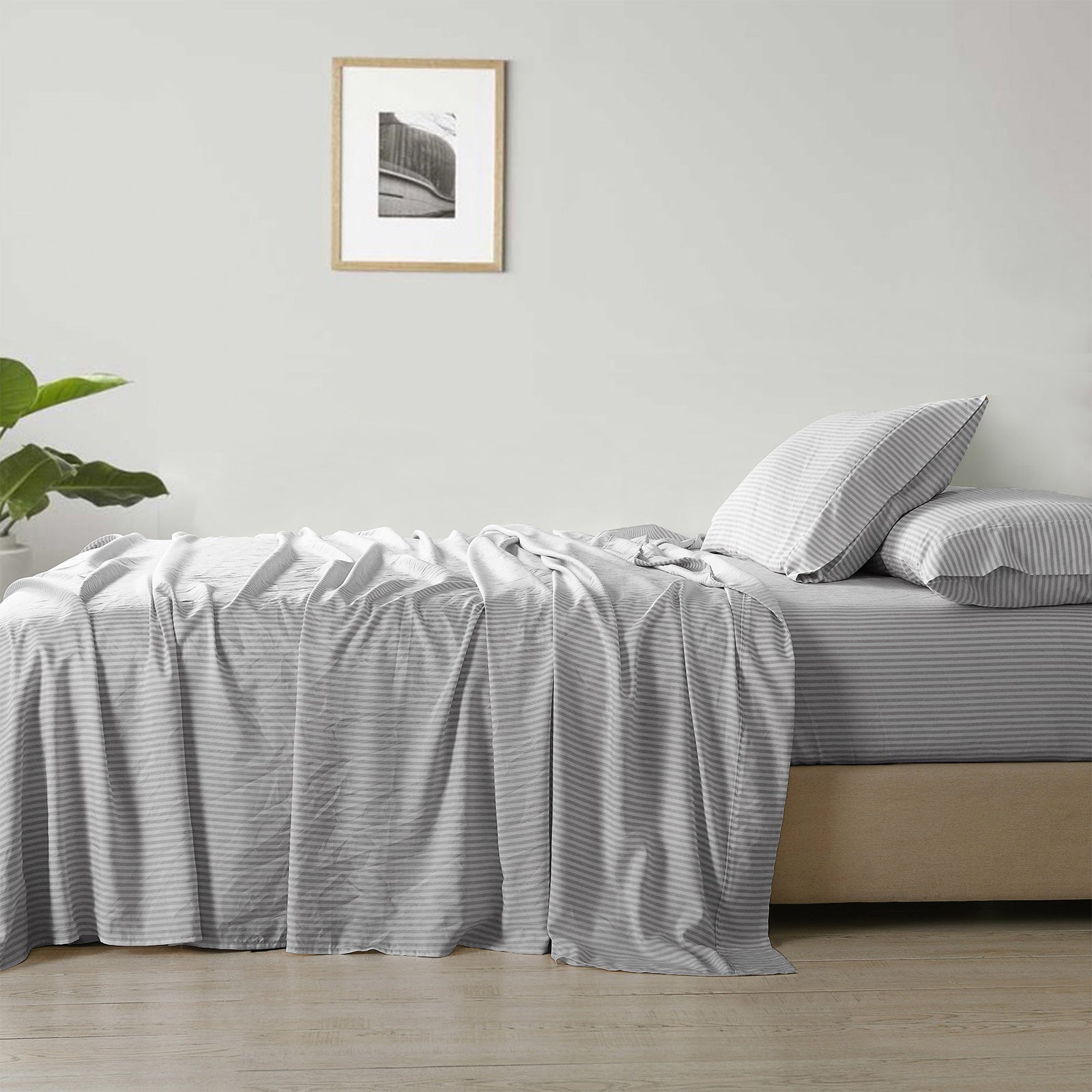 Royal Comfort Stripes Linen Blend Sheet Set featuring neutral stripes, showcasing a luxurious and breathable bedding solution.