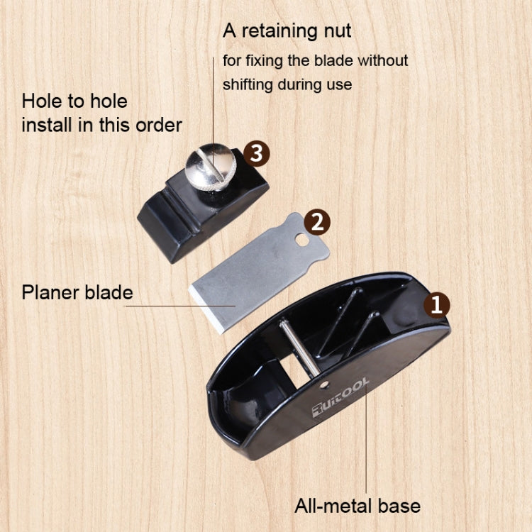 RUITOOL Small Woodworking Planer showcasing its carbon steel body and sharp blades, designed for precise edge trimming.