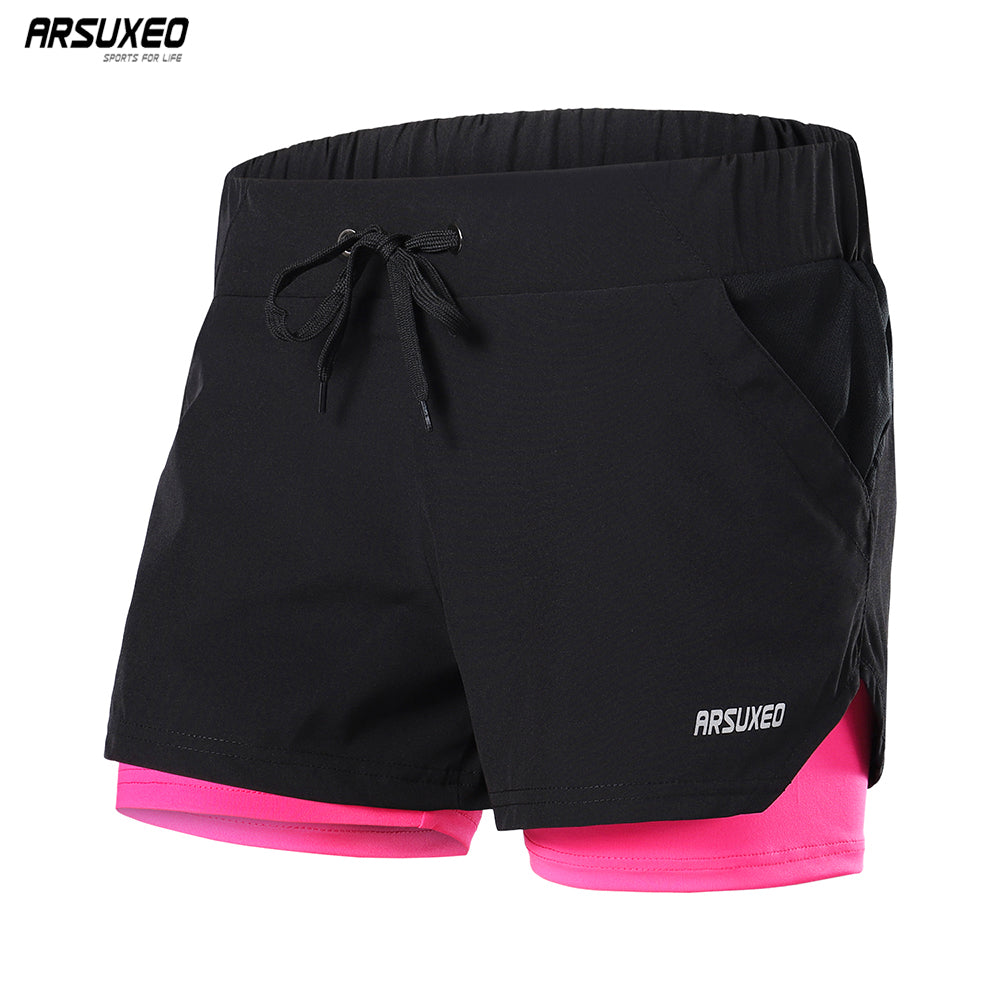 Women's 2 in 1 running shorts featuring an elastic waistband, breathable fabric, and reflective details, perfect for jogging and fitness activities.