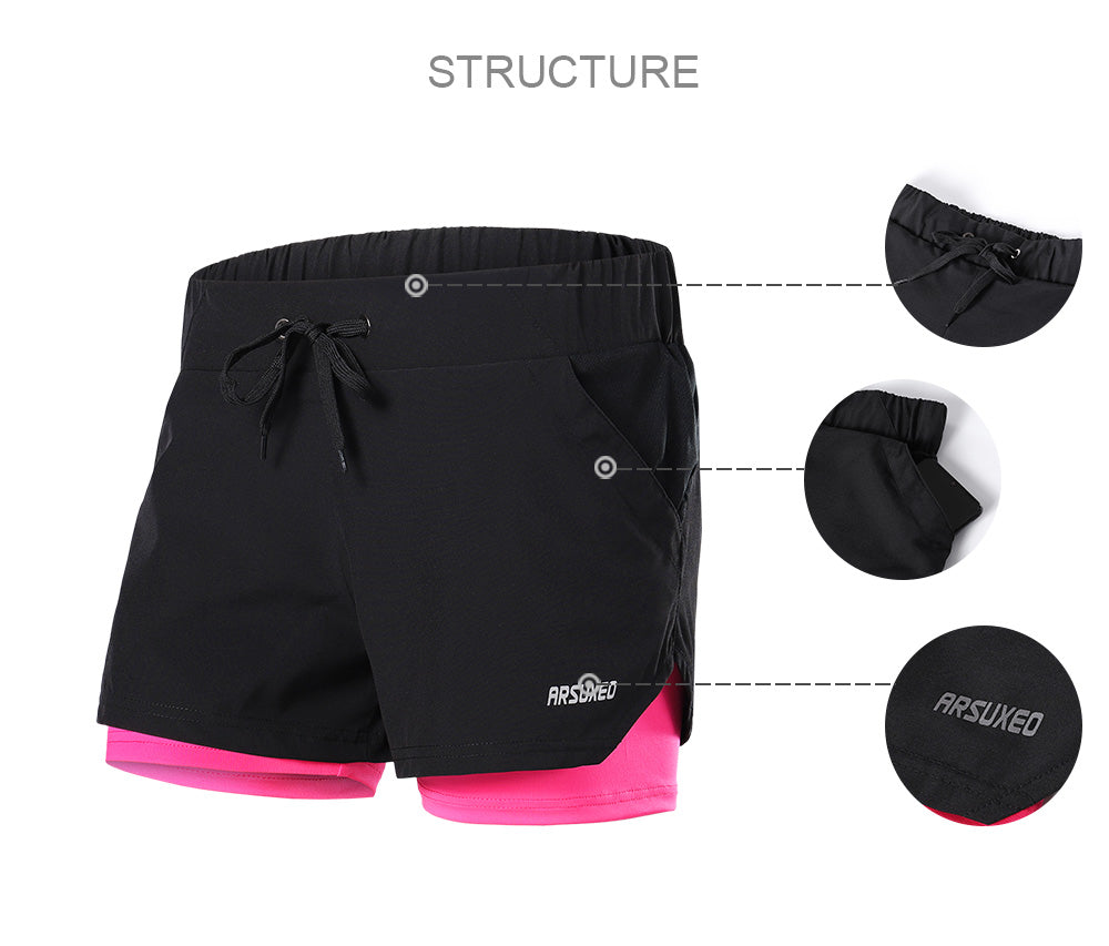 Women's 2 in 1 running shorts featuring an elastic waistband, breathable fabric, and reflective details, perfect for jogging and fitness activities.