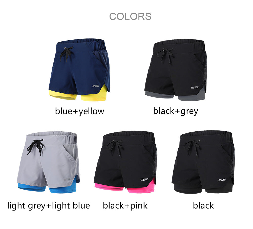 Women's 2 in 1 running shorts featuring an elastic waistband, breathable fabric, and reflective details, perfect for jogging and fitness activities.