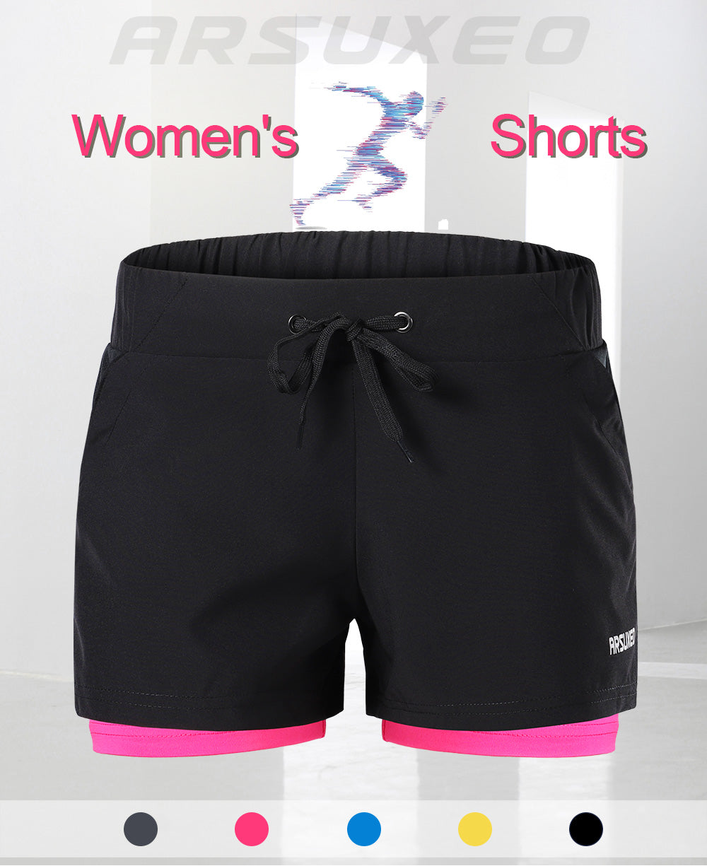 Women's 2 in 1 running shorts featuring an elastic waistband, breathable fabric, and reflective details, perfect for jogging and fitness activities.