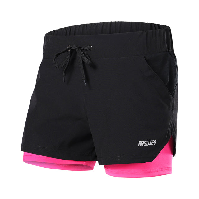 Women's 2 in 1 running shorts featuring an elastic waistband, breathable fabric, and reflective details, perfect for jogging and fitness activities.