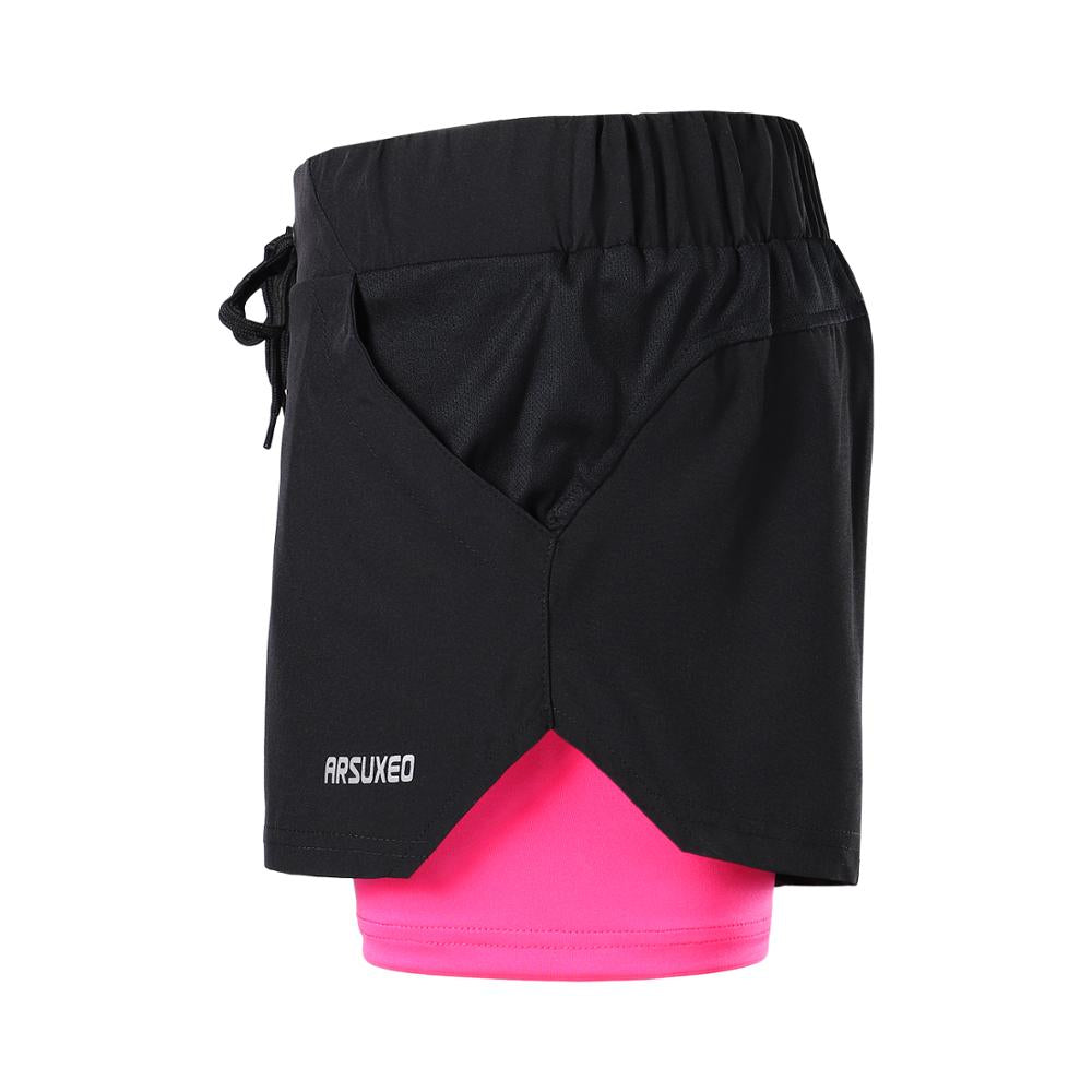 Women's 2 in 1 running shorts featuring an elastic waistband, breathable fabric, and reflective details, perfect for jogging and fitness activities.