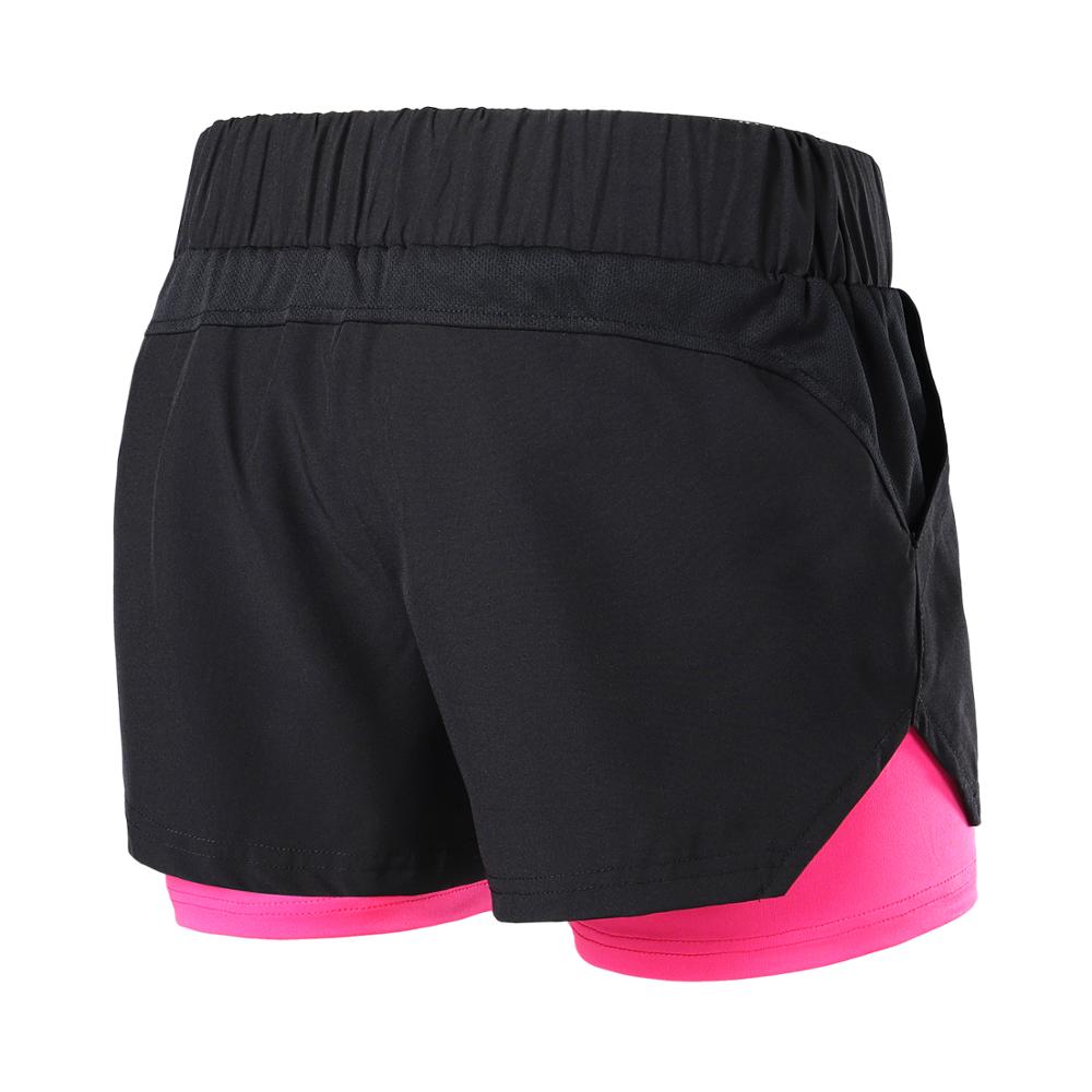 Women's 2 in 1 running shorts featuring an elastic waistband, breathable fabric, and reflective details, perfect for jogging and fitness activities.