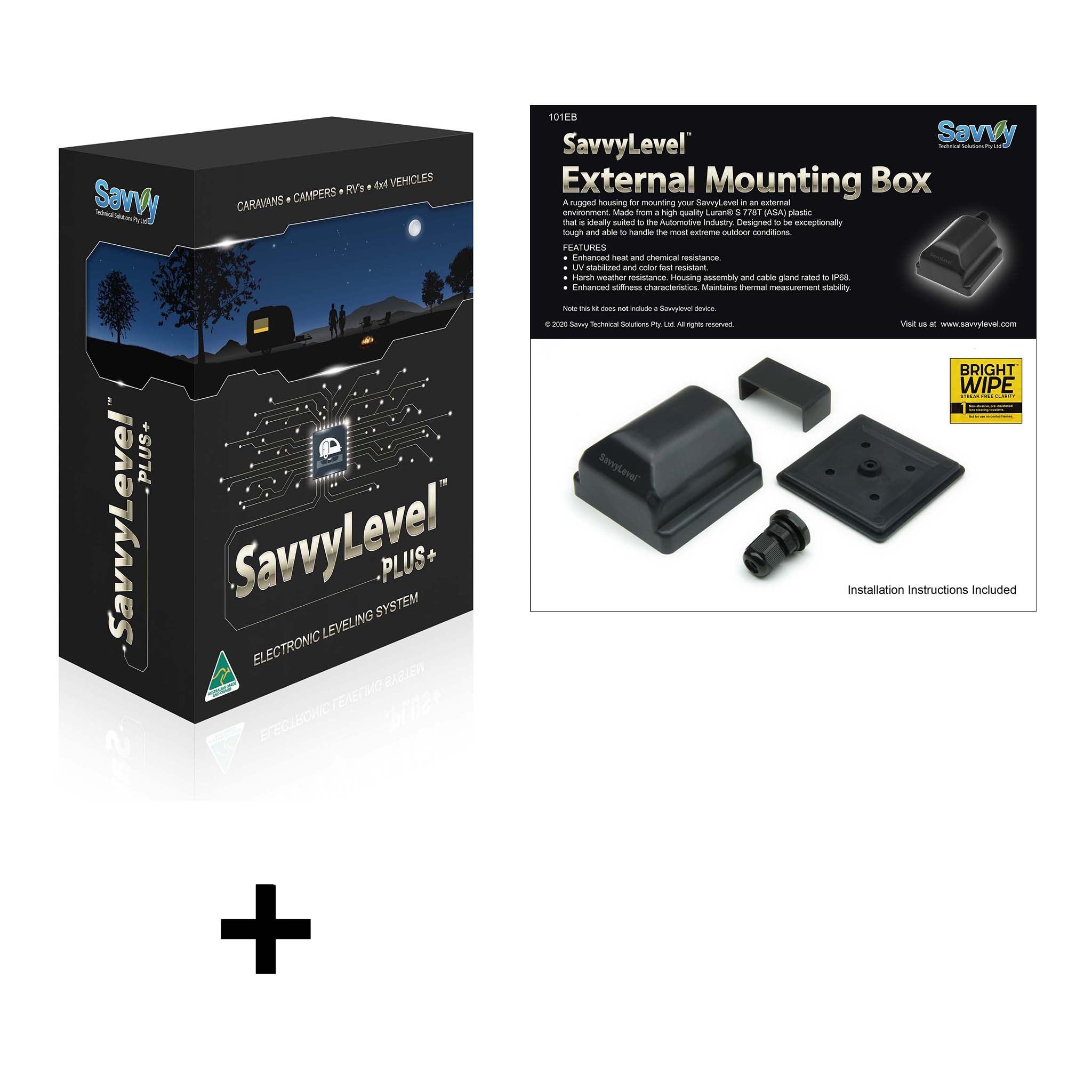 SavvyLevel and External Mount Bundle for caravans, showcasing the device and mount designed for precise leveling and Bluetooth connectivity.