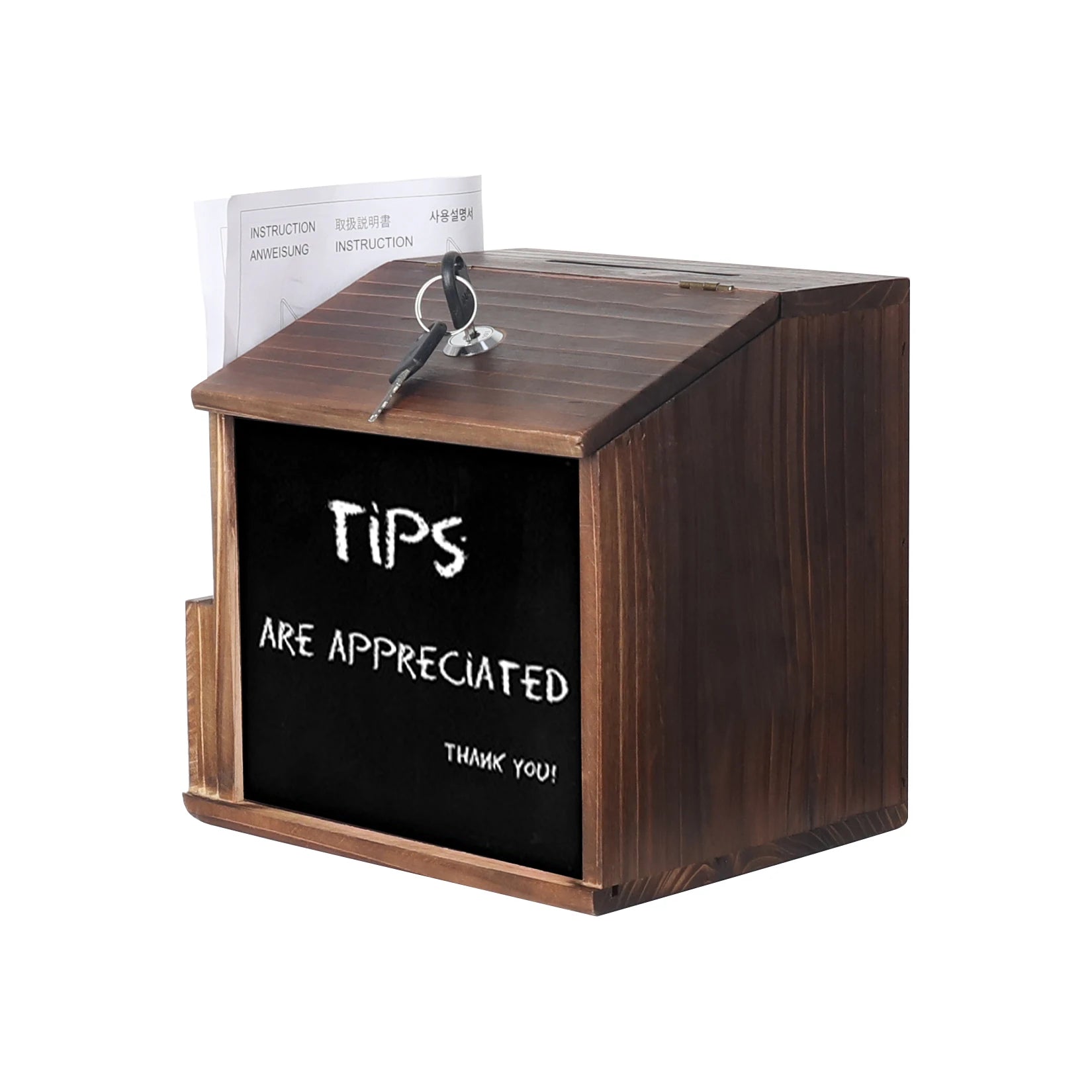 Rustic Brown Wooden Suggestion Box with Lock and Wipe-able Blackboard, perfect for cafes and restaurants.