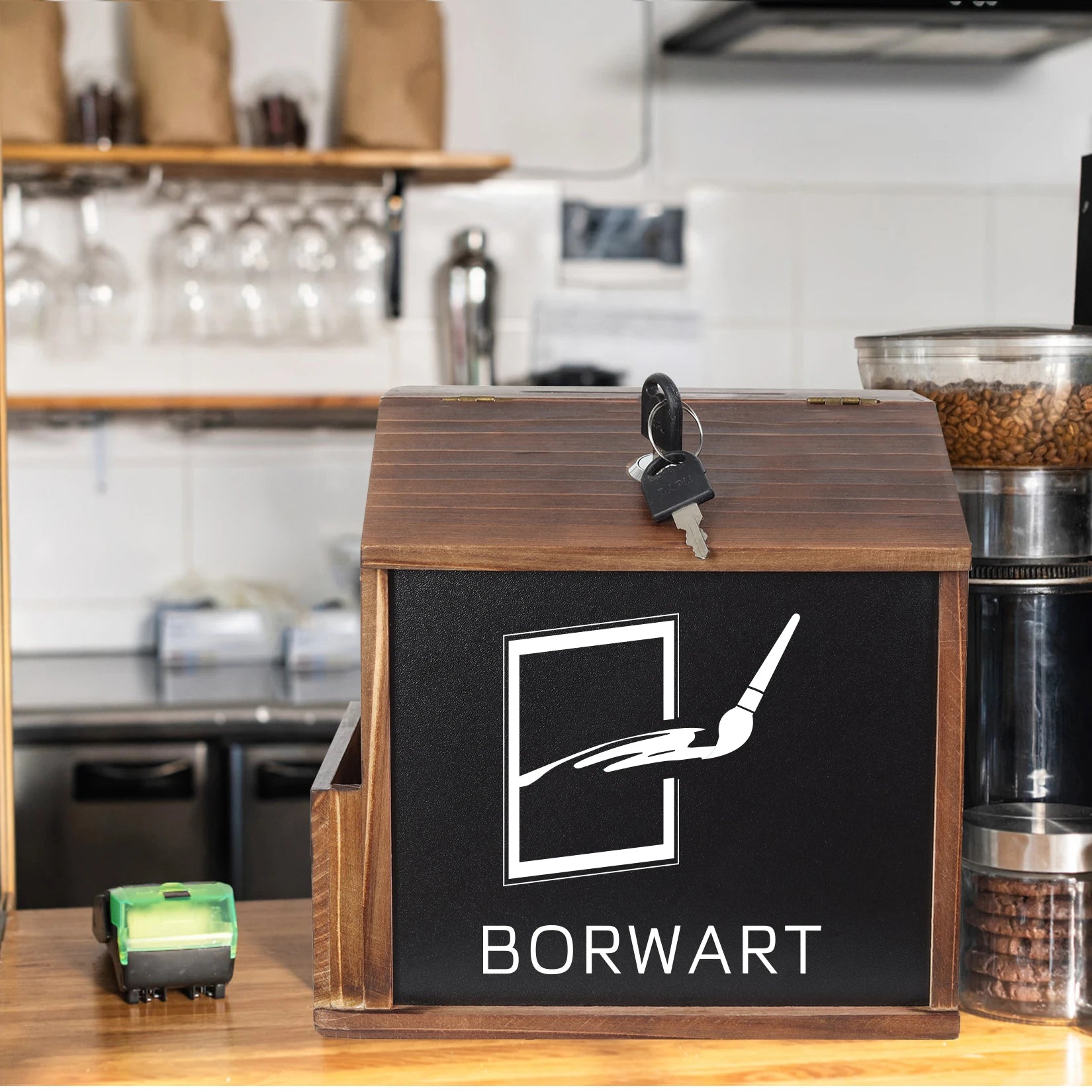 Rustic Brown Wooden Suggestion Box with Lock and Wipe-able Blackboard, perfect for cafes and restaurants.