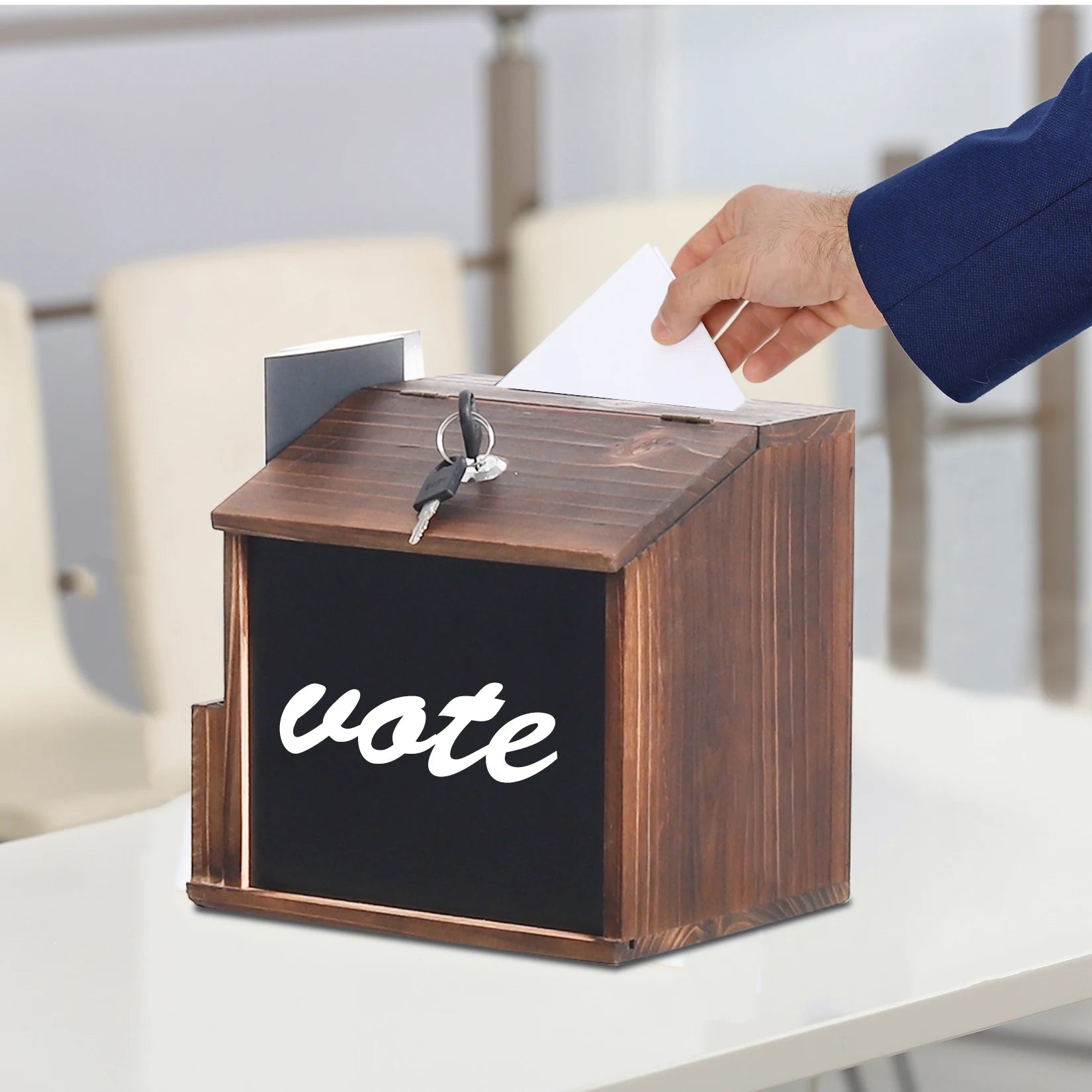 Rustic Brown Wooden Suggestion Box with Lock and Wipe-able Blackboard, perfect for cafes and restaurants.